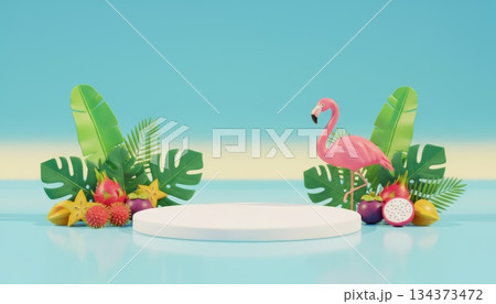 Podium with Flamingo, Tropical Leaves, and Exotic Fruits 134373472