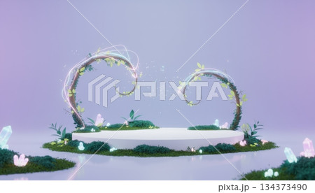 Podium with Branches Moss Leaves and Small Crystals 134373490