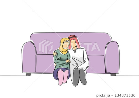 Single line drawing of an Arab couple sitting on floor leaning at sofa, with woman resting her head on man shoulder, symbolizing cultural comfort, intimacy, and togetherness. National Loving Day 134373530
