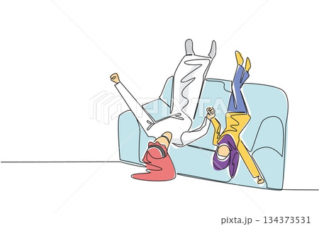 Continuous line drawing of an Arab couple hanging upside down off a sofa, holding hands in a playful and carefree moment, symbolizing cultural joy and fun in a relationship. National Loving Day event 134373531