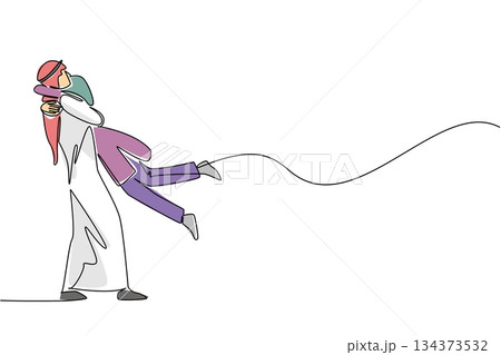 Single line drawing of Arab man lifting and twirl hug with woman feet off the ground. Woman in joyous, loving gesture, Passionate spinning embrace and strong cultural relationship. National Loving Day 134373532