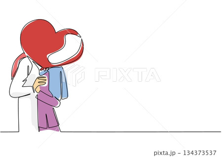Single line drawing of an Arab couple kissing passionately, with man head covered by a large red heart balloon, symbolizing overwhelming love and emotional cultural connection. National Loving Day 134373537