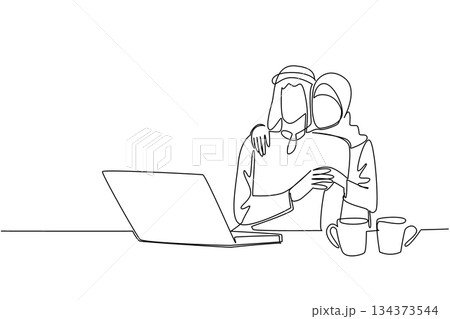 Continuous line drawing of a Muslim couple working together at a laptop, expressing unity, cooperation, and love for National Loving Day, emphasizing companionship and mutual support in a modern life Continuous line drawing of a Muslim couple working together at a laptop, expressing unity, cooperation, and love for National Loving Day, emphasizing companionship and mutual support in a modern life 134373544