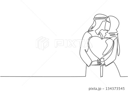 Single line drawing of Muslim couple holding a large heart shape balloon together. National Loving Day to represent shared love, harmony, and faith in a family relationship and emotional bond concept. 134373545