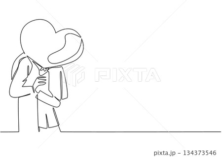 Continuous line drawing of a couple kissing with a heart shape balloon cover their face. Love and emotional bond for National Loving Day in a romantic art concept celebrating unity and care. Continuous line drawing of a couple kissing with a heart shape balloon cover their face. Love and emotional bond for National Loving Day in a romantic art concept celebrating unity and care. 134373546