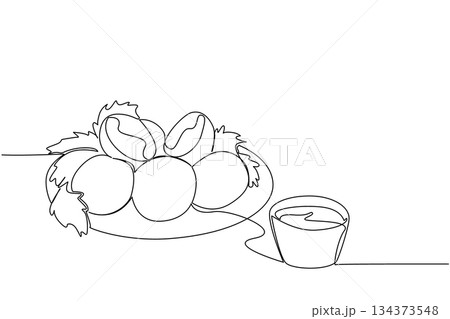 Continuous line drawing of a falafel platter with pita, herbs, tahini dip, an international event concept themed for International Falafel Day, celebrating street food culture vegan cuisine. 134373548