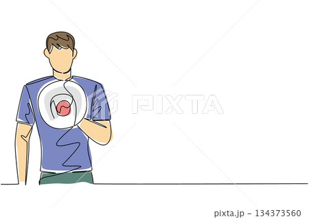 Continuous line draw campaign concept for international event Democracy Day. Man in blue shirt with loudspeaker, spotlighting public speech, civil rights, political engagement, freedom of expression 134373560