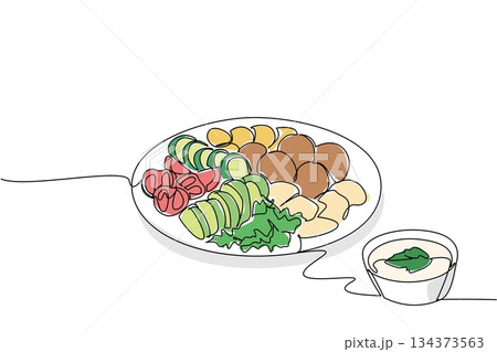 Single line drawing of platter featuring falafel, sliced cucumber, tomato, avocado, and lettuce, with a side of dipping sauce and vegetables. Complete and healthy meal. International Falafel Day event Single line drawing of platter featuring falafel, sliced cucumber, tomato, avocado, and lettuce, with a side of dipping sauce and vegetables. Complete and healthy meal. International Falafel Day event 134373563