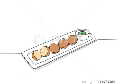 Continuous line drawing of falafel balls arranged in a row on rectangular ceramic plate with side of dipping sauce, garnished with herb leaf, showing elegant presentation. International Falafel Day Continuous line drawing of falafel balls arranged in a row on rectangular ceramic plate with side of dipping sauce, garnished with herb leaf, showing elegant presentation. International Falafel Day 134373565
