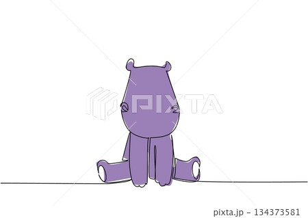 One line drawing safari animal concept, depicting a cute baby hippopotamus with small ears and a robust body sitting calmly. Suited for wild animal, zoo, children storybook, or river wildlife themes 134373581