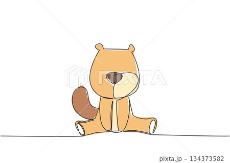 Continuous line drawing animal concept focusing on a cute baby beaver sitting. Ideal for river, woodland, kids themes, featuring large cheeks, flat tail and small teeth. Charm of wetland creatures 134373582