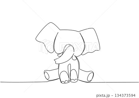 Single line drawing of a cute baby elephant sitting with large ears and curled trunk, a nature concept themed for cute wild animals cartoon sitting, ideal for nursery posters, stickers, kids branding. 134373594