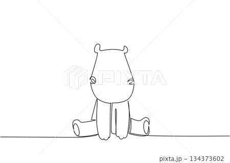 One line drawing of a cute baby hippo sitting front view with tiny ears, a wildlife concept themed for cute wild animals cartoon sitting, ideal for nursery prints, stickers, and cheerful kids room dec 134373602