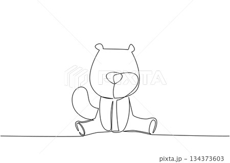 Single line drawing of a cute beaver sitting with round cheeks and big tail, a nature concept themed for cute wild animals cartoon sitting, ideal for nursery posters, stickers, and kids branding. 134373603