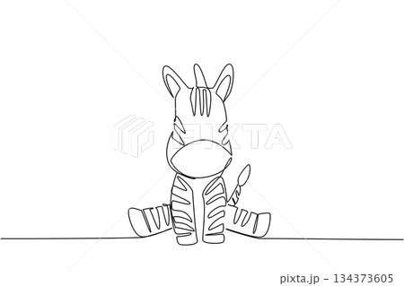 Single line draw of a cute baby zebra sitting with stripes and tufted tail, a wildlife concept themed for cute wild animals cartoon sitting, ideal for nursery decor, stickers, and kids brand graphic 134373605