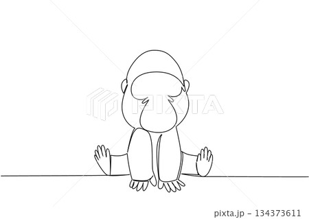 Single line draw of cute baby gorilla sitting with round head, tiny ears and gentle hands, a wildlife concept for cute wild animals cartoon sitting, ideal for nursery prints, stickers, and kids decor Single line draw of cute baby gorilla sitting with round head, tiny ears and gentle hands, a wildlife concept for cute wild animals cartoon sitting, ideal for nursery prints, stickers, and kids decor 134373611