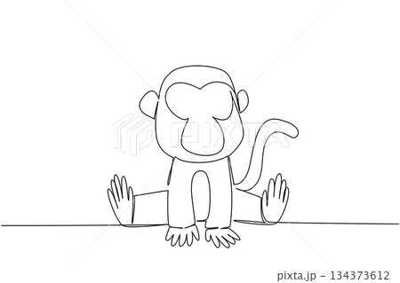 One line draw of cute baby monkey sitting with big ears and curled tail, a wildlife concept themed for cute wild animals cartoon sitting, ideal for nursery posters, stickers, and playful kids branding 134373612