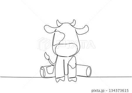 One line drawing of a cute baby cow sitting with spotted body and tiny hooves, a nature concept for cute wild animals cartoon sitting, ideal for nursery posters, stickers, and cheerful kids branding 134373615