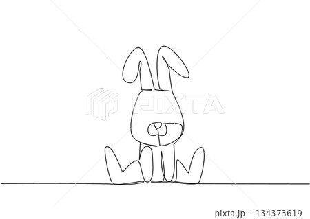 One line drawing of cute baby rabbit sitting with long floppy ears and tiny paws, a nature concept for cute wild animals cartoon sitting, perfect for nursery posters, stickers, and cheerful kids brand 134373619