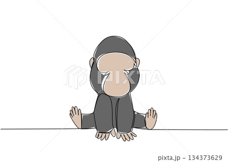 Single line drawing animal concept showing a young gorilla with big hands and feet sitting calmly. Perfect for jungle, wildlife, or conservation. Adorable primate exudes innocence and strength. 134373629
