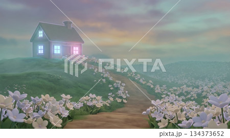 Small House on Wide Hill with Flower Path 134373652
