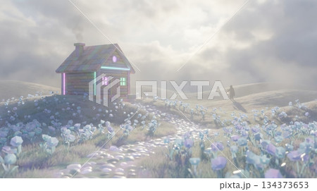 Small House on Wide Hill with Flower Path 134373653