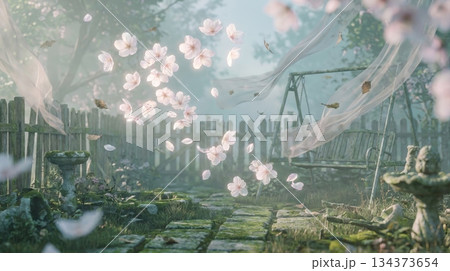 Quiet Backyard Garden with Floating Flowers 134373654