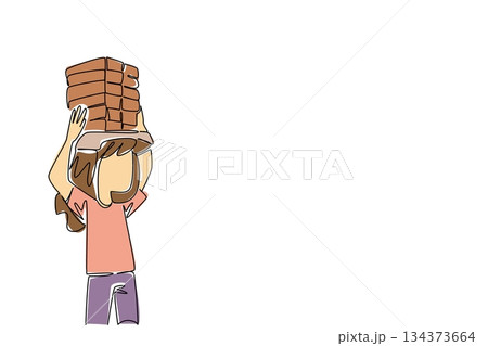 Single line drawing of girl carrying bricks on her head,. Social concept for human rights, themed for World Day Against Child Labor urging zero tolerance for child exploitation and prioritizing school Single line drawing of girl carrying bricks on her head,. Social concept for human rights, themed for World Day Against Child Labor urging zero tolerance for child exploitation and prioritizing school 134373664