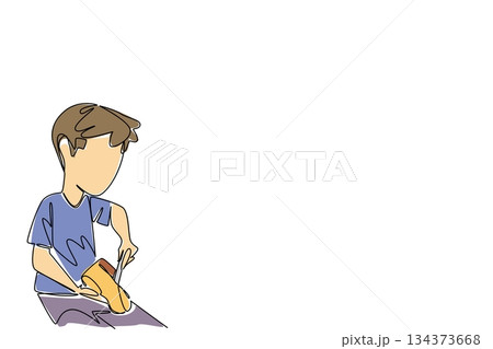 Continuous line drawing of young boy using a chisel to carve leather shoe. Social concept of World Day Against Child Labor exploitation advocating education, safety, and protection from exploitation Continuous line drawing of young boy using a chisel to carve leather shoe. Social concept of World Day Against Child Labor exploitation advocating education, safety, and protection from exploitation 134373668