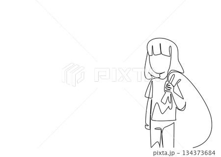Continuous line drawing of a girl holding a sack bag on her shoulder, symbolizing resilience, poverty, and the fight for equality in a human rights awareness concept for World Day Against Child Labor. Continuous line drawing of a girl holding a sack bag on her shoulder, symbolizing resilience, poverty, and the fight for equality in a human rights awareness concept for World Day Against Child Labor. 134373684