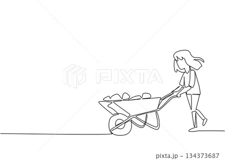 Continuous line drawing of a girl pushing a wheelbarrow filled with stones, representing struggle, labor, and strength in a humanitarian awareness concept for World Day Against Child Labor campaign. Continuous line drawing of a girl pushing a wheelbarrow filled with stones, representing struggle, labor, and strength in a humanitarian awareness concept for World Day Against Child Labor campaign. 134373687