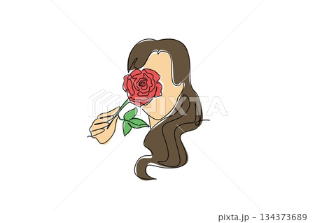 One line draw of woman holding a red rose to face, partially obscuring it. Hidden beauty, gentle affection, and a touch of allure. Ideal for National Red Rose Day posts of affection, grace, and charm One line draw of woman holding a red rose to face, partially obscuring it. Hidden beauty, gentle affection, and a touch of allure. Ideal for National Red Rose Day posts of affection, grace, and charm 134373689