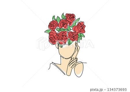 Single line drawing of a woman profile with a large giant red rose covering most of her head, her hand gently touching her chin, symbolizing beauty and thoughtful contemplation. National Red Rose Day Single line drawing of a woman profile with a large giant red rose covering most of her head, her hand gently touching her chin, symbolizing beauty and thoughtful contemplation. National Red Rose Day 134373693