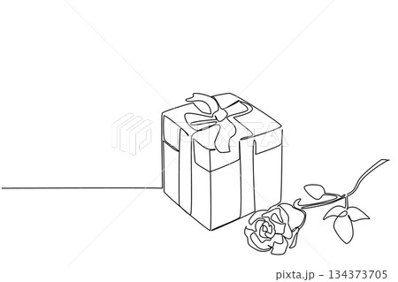 Continuous line drawing shows a wrapped gift box with ribbon and a rose beside it for National Red Rose Day, symbolizing love, beauty, and affection in a minimalist art concept of modern celebration. 134373705