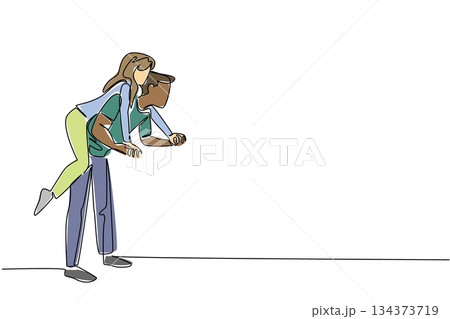 Single line drawing of diverse man giving woman piggyback lean ride, with a dynamic pose, symbolizing energetic love, shared adventure, and mutual enjoyment. Side view. National Loving Day event Single line drawing of diverse man giving woman piggyback lean ride, with a dynamic pose, symbolizing energetic love, shared adventure, and mutual enjoyment. Side view. National Loving Day event 134373719