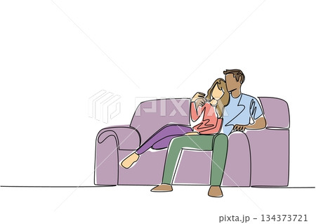 Continuous line drawing of diverse couple lounging comfortably on a large armchair, with the woman resting on the man, symbolizing relaxation, closeness, and shared moments. National Loving Day event 134373721