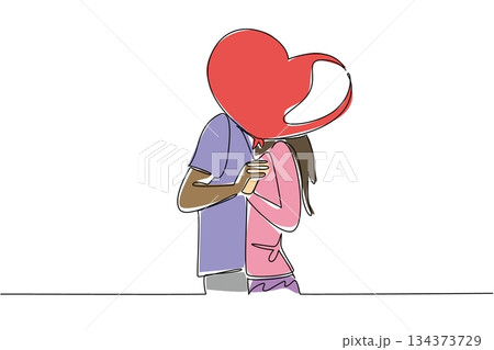 Single line drawing of a diverse couple kissing passionately, with both their heads covered by a large red heart, symbolizing overwhelming love and emotional connection. National Loving Day event 134373729