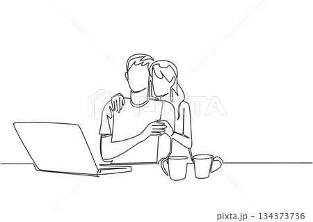 Continuous line drawing of a couple working or relaxing with a laptop celebrates National Loving Day, symbolizing modern love, equality, and partnership through a minimalist lifestyle art concept. 134373736