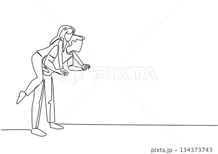 Continuous line drawing of a man carrying piggyback moment his wife celebrates National Loving Day, symbolizing playfulness, affection, and joyful connection. Minimalist love concept illustration. 134373743