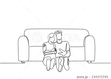Single line drawing of a couple relax sitting on floor in front of the sofa for National Loving Day expresses affection and comfort in a minimalist love art concept celebrating harmony and connection. Single line drawing of a couple relax sitting on floor in front of the sofa for National Loving Day expresses affection and comfort in a minimalist love art concept celebrating harmony and connection. 134373745