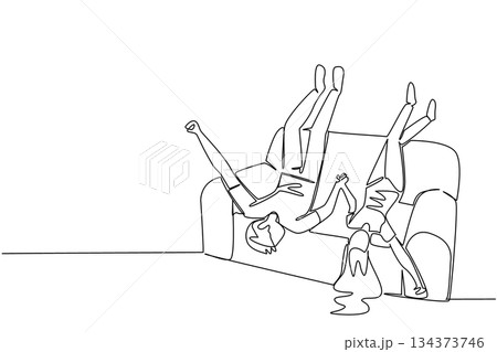 One line drawing of a man and woman relaxing upside down on a couch for National Loving Day symbolizes couple joy, comfort, and equality through a minimalist art concept of playful love and happiness. 134373746