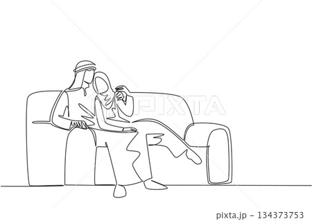 One line drawing shows an Arab couple sitting affectionately on a sofa talking and discussing life. Capturing warmth, closeness, and devotion in the love concept for National Loving Day celebration. 134373753