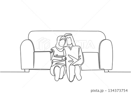 Continuous line drawing features an Arab couple sitting together on floor by a couch, talking and discuss. Symbolizing calm love, comfort, and harmony under the love concept of National Loving Day. Continuous line drawing features an Arab couple sitting together on floor by a couch, talking and discuss. Symbolizing calm love, comfort, and harmony under the love concept of National Loving Day. 134373754