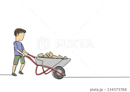 Single line drawing of a young boy pushing a heavy wheelbarrow filled with rocks and materials, illustrating intense manual labor unsuitable for a child. World Day Against Child Labor event Single line drawing of a young boy pushing a heavy wheelbarrow filled with rocks and materials, illustrating intense manual labor unsuitable for a child. World Day Against Child Labor event 134373768