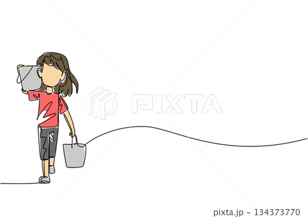 Continuous line drawing of a young girl carrying two heavy buckets, one on her shoulder and one by her side, front view. Showing physical strain of child labor. World Day Against Child Labor event 134373770