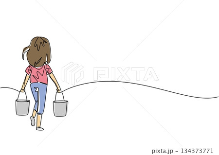 Continuous line drawing of a young girl walking away from the viewer, rear view. Struggling to carry two heavy buckets of water. Domestic child labor and hardship. World Day Against Child Labor event. 134373771