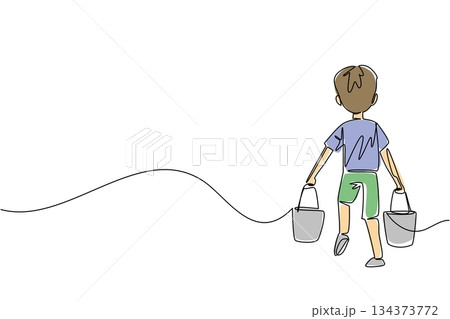 Continuous line drawing of a young boy walking away from the viewer, rear view. Struggling to carry two heavy buckets of water. The physical burden of child labor. World Day Against Child Labor event 134373772