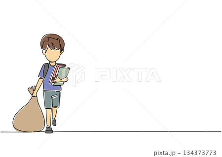 Single line drawing of a boy with schoolbooks dragging a sack, social concept for human rights. World Day Against Child Labor urging education first, safe childhoods, and protection from exploitation 134373773