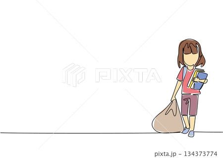 Single line drawing of a young girl carrying a large, heavy sack or bag while also clutching school books. showing forced choice between labor and education. World Day Against Child Labor event Single line drawing of a young girl carrying a large, heavy sack or bag while also clutching school books. showing forced choice between labor and education. World Day Against Child Labor event 134373774
