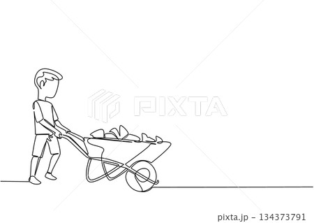 Single line drawing of a poor boy pushing a wheelbarrow loaded with rocks, symbolizing hard work, struggle, and resilience in a social awareness business concept for World Day Against Child Labor. Single line drawing of a poor boy pushing a wheelbarrow loaded with rocks, symbolizing hard work, struggle, and resilience in a social awareness business concept for World Day Against Child Labor. 134373791